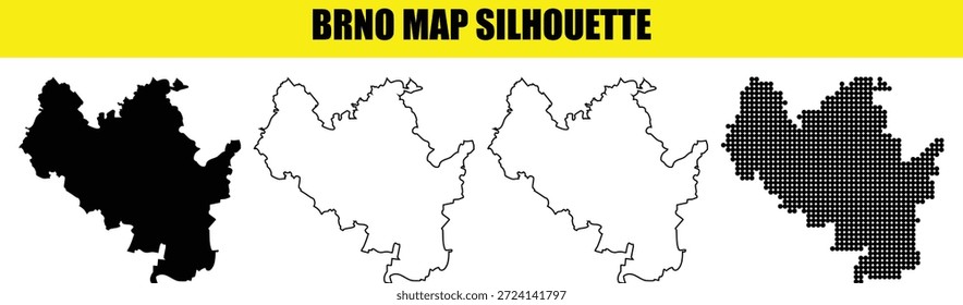 colección de silueta de mapa de Profesional Brno que presenta cuatro estilos visuales distintos para mapas que incluyen un borde de línea delgada interior blanco de forma negra sólida y una textura de cuadrícula punteada única