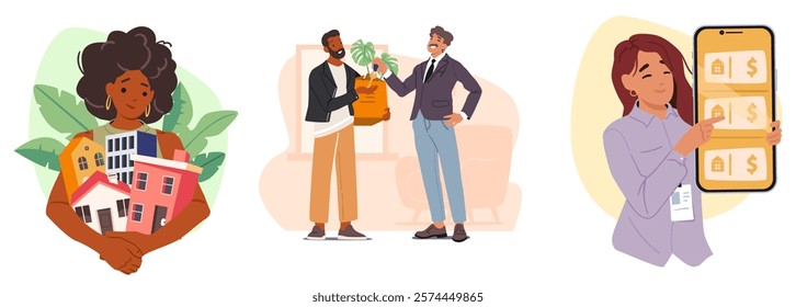 Professional broker, real estate agent, realtor selling residential building offering best prices and variety of choice on property market. Experts presenting mortgage program vector illustration