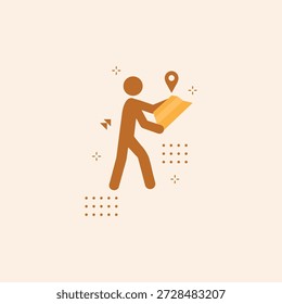 Un ícono profesional de Vector en tono marrón con un viajero estilizado sosteniendo un mapa con un pin de ubicación. Este diseño limpio y moderno es ideal para App de planificación de viajes, servicios de navegación, marca turística y gráficos con temas de exploración.
