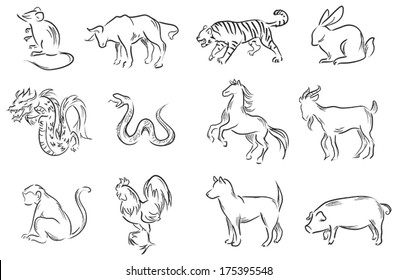 Professional brush painting art set of Chinese twelve animal zodiac signs astrology and horoscope icon, create by vector 