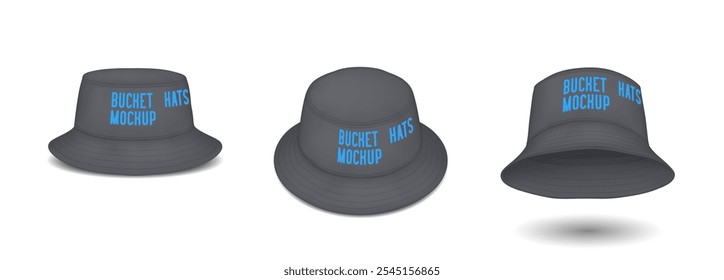 Professional bucket hat mockup realistic vector illustration set. Black logo caps for head protection template 3d models on white background