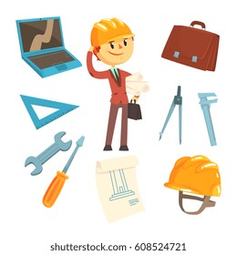 Professional Builder And Architect And His Tools, Man And His Profession Attributes Set Of Isolated Cartoon Objects