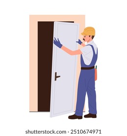 Professional builder cartoon character in uniform installing new apartment door isolated on white