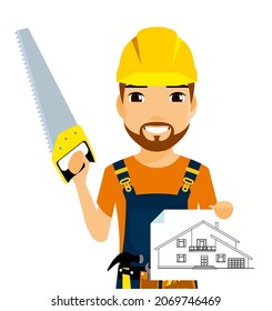 Professional builder with a saw in his hand. Flat style on a white background. Cartoon.
