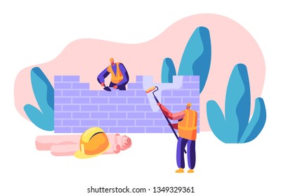 Professional Builder in Uniform in Process Construction Brick Wall. Worker Mason with Spatula Build Brickwork House. Person Hold Paint Roller in Hand. Flat Cartoon Vector Illustration