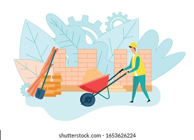 Professional Builder Wearing Uniform in Construction Process Bringing Sand in Wheelbarrow. Workman Carry Material for Build Work. Man Engineer or Handyman Working. Cartoon Flat Vector Illustration