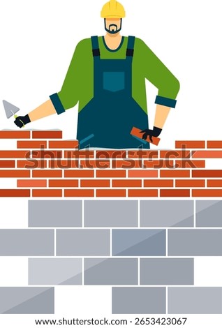 Professional builder wearing uniform and hardhat constructing a red brick wall using a trowel and mortar, adding bricks one by one on a white background