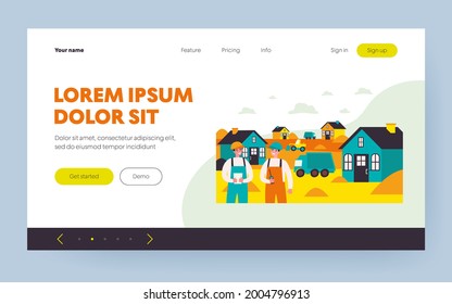 Constructores profesionales de casas. Coche, ingeniero, ilustración de vector plano del sitio. Concepto de construcción de banner, diseño de sitios web o página web de aterrizaje