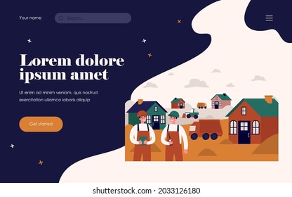 Professional builders constructing houses. Car, engineer, site flat vector illustration. Construction and building concept for banner, website design or landing web page