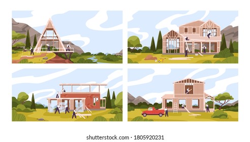 Professional builders constructing modern private houses from bricks and wooden boards or planks. Handyman building european cottage in countryside. Set of flat cartoon vector illustration