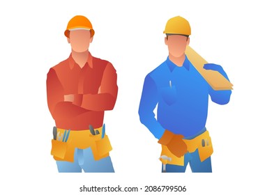 Professional builders. Contractor in helmet, builder engineer and workers people cartoon illustration.