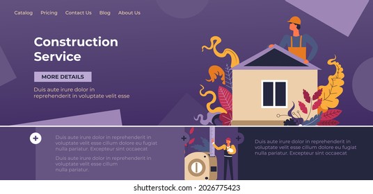 Professional builders and engineers team construction and building home houses. Services of workmen, specialist in repairing and renovation. Website or webpage template, landing page flat vector