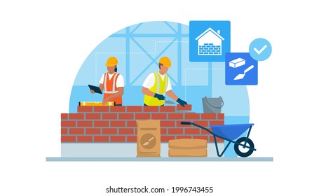 Professional builders laying bricks and checking brickwork