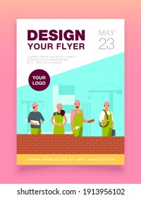 Professional builders making brick wall. Site, helmet, constructor flat vector illustration. Construction and engineering concept for banner, website design or landing web page