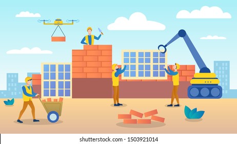 Professional builders in uniform building the house, attract new technologies for construction. Drone, unmanned aerial vehicle. Work process for construction. Vector illustration of flat cartoon