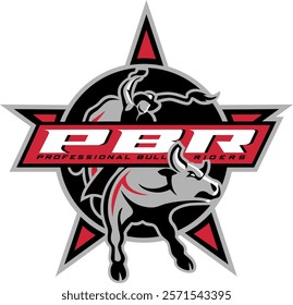 Professional Bull Riders (PBR) organization. The logo features a stylized depiction of a bull rider on a bucking bull, set against a star-shaped background. The letters "PBR" are prominently displayed