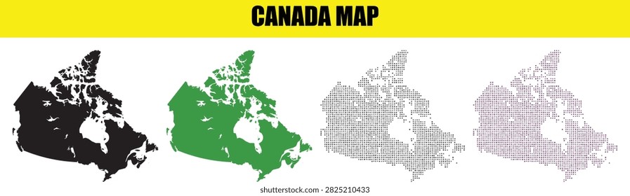 A professional bundle of Canada map illustrations including solid silhouettes and pointillist dotted designs. Ideal for North American geography projects travel brochures and digital presentations.