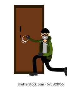 Professional burglar character breaks the door with bunch of skeleton keys, vector Illustration
