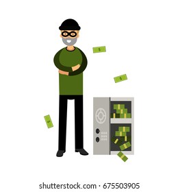 Professional burglar character in a mask opened a safe with money vector Illustration