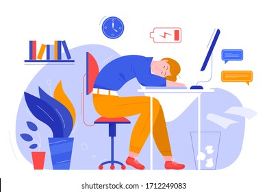 Professional burnout character flat vector illustration business concept. Overworked tired boy needs overload and sleeping at computer. Time management, deadline, freelancer, frustrated worker