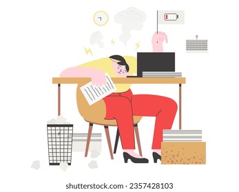 Professional burnout concept. A female employee is tired, frustrated and emotionally exhausted. Stressed woman sitting at her working place with a laptop and piles of documents with a low charge sign.