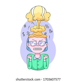 Professional burnout concept. female office worker with head explosion. Frustrated, mental health problems. Isolated Vector illustration in cartoon style. Nervous furious stressed person, panic attack