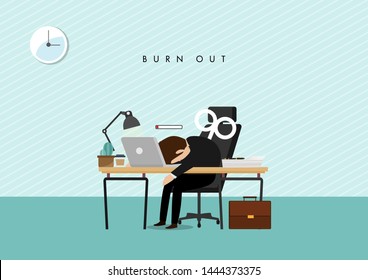 professional burnout concept illustration with exhausted male office worker sitting at the table. Frustrated worker, mental health problems. Vector illustration in flat style.
