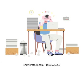 Professional burnout concept. A male employee is tired, frustrated and emotionally exhausted. Stressed man sitting at his working place with a laptop and piles of documents with a low charge sign.