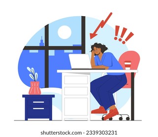 Professional burnout concept. Sad woman sitting at laptop. Stress and psychological pressure. Overworked employee at work. Young girl at workplace. Cartoon flat vector illustration