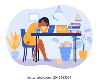 Professional burnout concept. Tired woman sitting at her desk and working on project. Employee asks for help due to lack of energy. Cartoon flat vector illustration isolated on white background