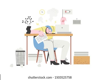 Professional burnout concept. A woman employee is tired, frustrated and emotionally exhausted. Stressed woman sitting at her working place with a laptop and piles of documents with a low charge flag.