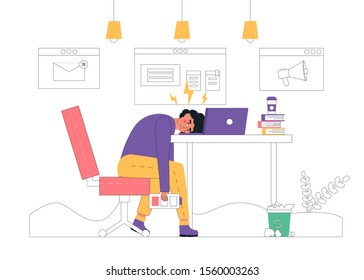 Concepto de agotamiento profesional. El joven y exhausto gerente se sienta a la mesa en la oficina, larga jornada laboral. Problemas de salud mental para trabajadores frustrados. Ilustración vectorial al estilo de las caricaturas planas.