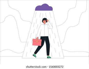 Professional burnout concept. Young exhausted, sad man goes to an unloved job in the rain. Vector illustration in flat cartoon style.
