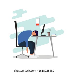 Professional burnout concept. Young exhausted male manager sits at table in the office, long work day. Frustrated worker mental health problems. Vector illustration in flat cartoon style. Vector