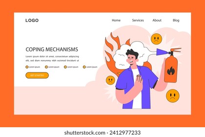 Professional burnout coping mechanism web banner or landing page. Workplace on fire. Work-life disbalance, burning deadline and stress, job pressure. Flat vector illustration