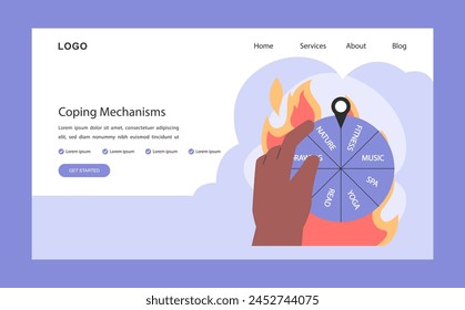 Professional burnout coping mechanism web banner or landing page. Workplace on fire. Work-life disbalance, burning deadline and stress, job pressure. Flat vector illustration