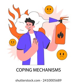 Professional burnout coping mechanism. Workplace on fire. Work-life disbalance, burning deadline and stress, job pressure. Flat vector illustration