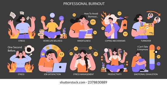 Professional burnout dark or night mode set. Employee on fire at workplace. Office worker work-life disbalance, burning deadline and stress. Woman and man under job pressure. Flat vector illustration