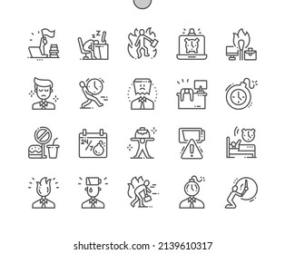 Professional Burnout. Depression And Exhausted. Work Every Day. Deadline. Pixel Perfect Vector Thin Line Icons. Simple Minimal Pictogram