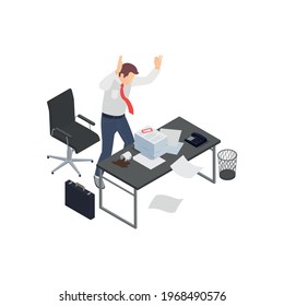 Professional burnout depression frustration isometric composition with angry worker and stack of paperwork vector illustration