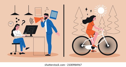 Professional burnout design concept with boss scolding young girl dreaming of vacation at her workplace flat vector illustration