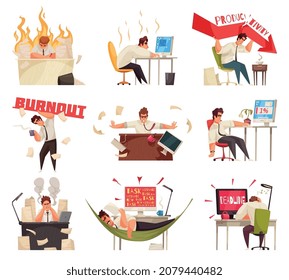 Professionelles Burnout-Designset mit Arbeitskrisensymbolen auf einzelne Vektorgrafik