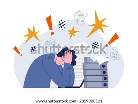 Professional burnout. Exhausted man sitting at his workplace in office holding his head. Concept of emotional burnout, stress, tiredness, mental health problems. Flat style vector illustration.
