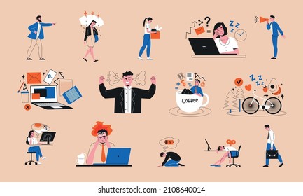 Professional burnout flat color set of young people exhausted and tired from hard work needed in vacation isolated vector illustration