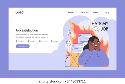 Professional burnout and job unsatisfaction web banner or landing page. Young employee on fire. Work-life disbalance, burning deadline and stress. Woman under job pressure. Flat vector illustration
