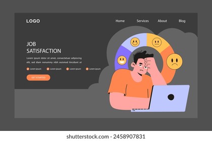 Profesional burnout e insatisfacción laboral Web Anuncio o landing page modo oscuro o nocturno. Empleado en el trabajo. Desequilibrio trabajo-vida, plazo y estrés. Presión laboral. Ilustración vectorial plana