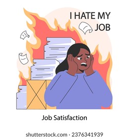 Professional burnout and job unsatisfaction. Young employee on fire at workplace. Office worker work-life disbalance, burning deadline and stress. Woman under job pressure. Flat vector illustration