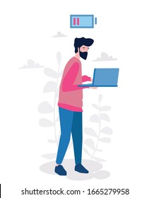 Descarga profesional. Larga jornada laboral. Generarios trabajando. Ilustración vectorial para banner web, infografía, joven empresario móvil exhausto en el trabajo en el cargo con un icono de batería baja arriba.