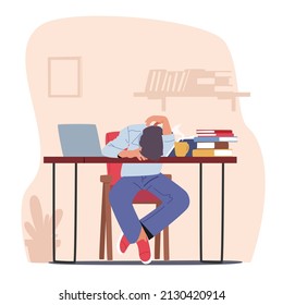 Professional Burnout, Overwork Tiredness Fatigue and Depression Concept. Tired Overload Businessman with Low Life Energy Power Sleeping on Office Desk, Business Problems. Cartoon Vector Illustration