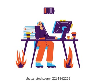 Professional burnout and overworking stress, decreased efficiency and motivation at work, flat cartoon vector illustration isolated on white background.